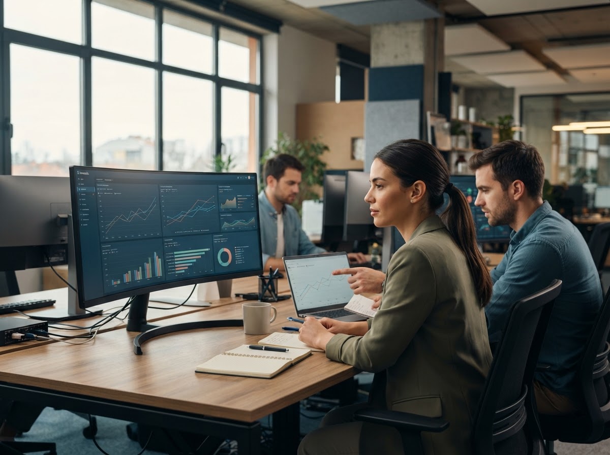 Analitičari koji proučavaju grafikone podataka na monitorima u kancelariji
